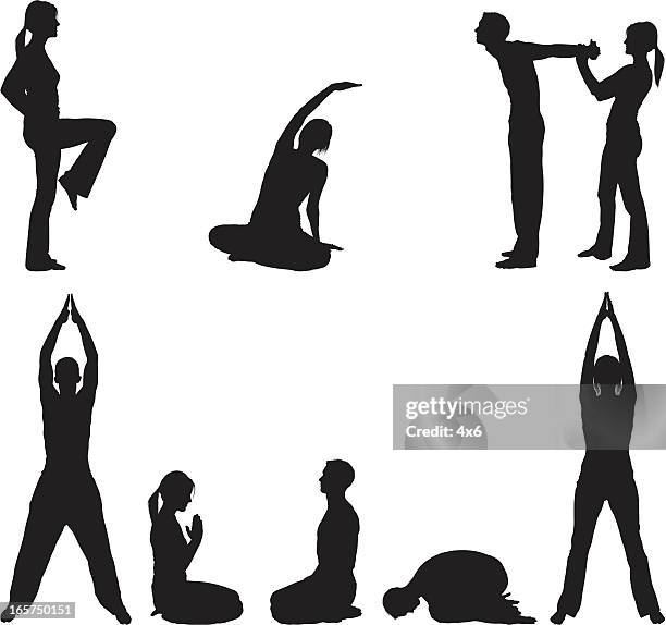 fit paar dehnübungen und yoga - yogalehrer stock-grafiken, -clipart, -cartoons und -symbole