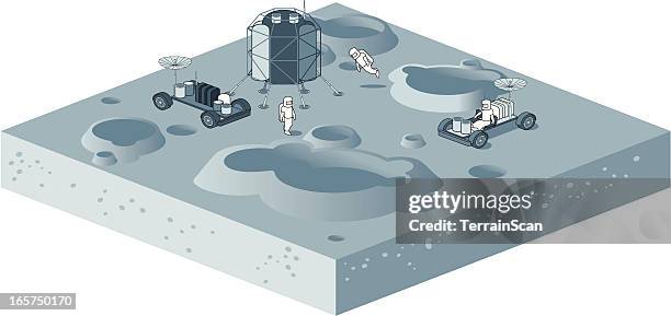 isometric vector illustration of moon expedition - lunar module stock illustrations