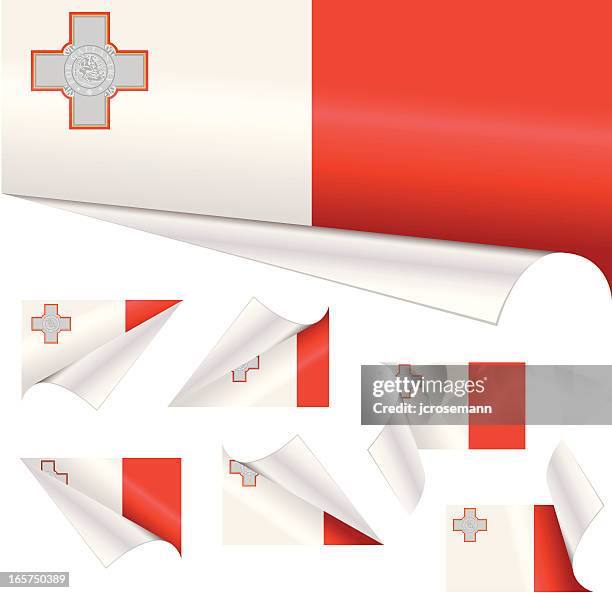 maltese flags behind curled paper - malta stock illustrations