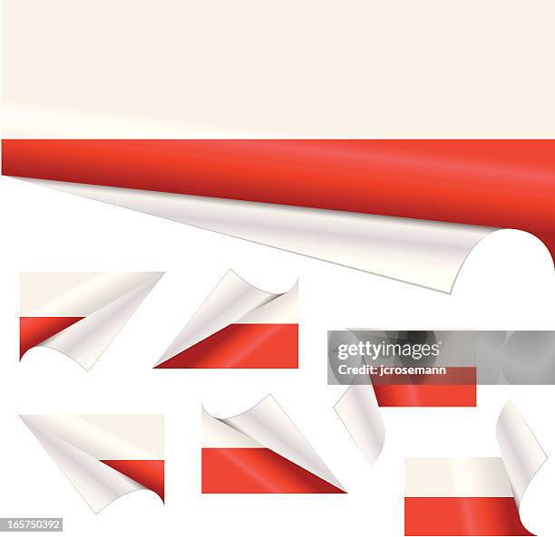 polnische flagge hinter gelockter papier - corner peel stock-grafiken, -clipart, -cartoons und -symbole