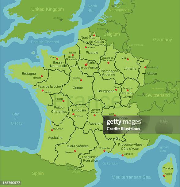 frankreich karte mit regionen - auvergne stock-grafiken, -clipart, -cartoons und -symbole