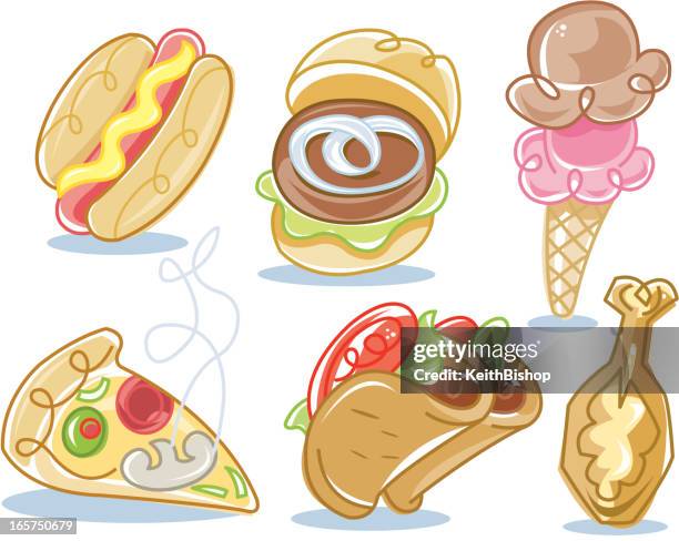 junk food - pizza hot dog ice cream fried chicken - chicken and beef tacos stock illustrations