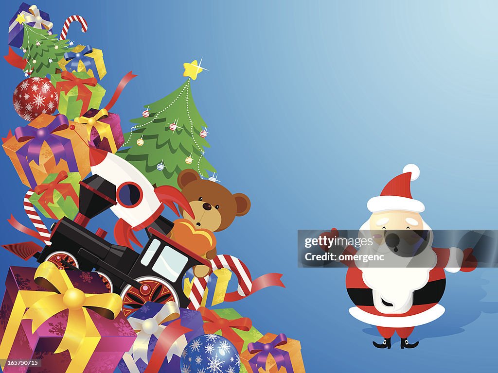 Cartoon animation of Santa Claus and a mountain of gifts
