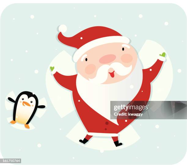 snow angel santa and friend - animal lying on back stock illustrations