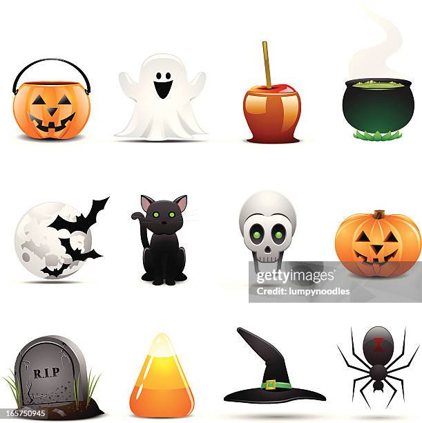 stockillustraties, clipart, cartoons en iconen met twelve halloween themed icons on a white background - heksenhoed