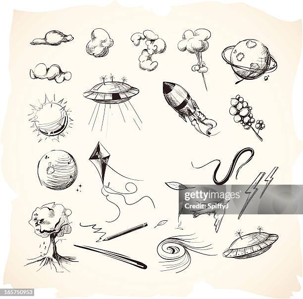 illustrazioni stock, clip art, cartoni animati e icone di tendenza di interstellar schizzi e disegni - ufo vector drawing