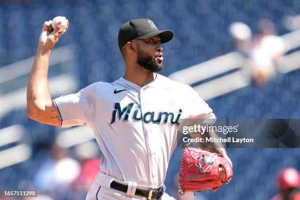 Sandy Alcantara of the Miami Marlins pitches in the first inning during a baseball game against the Washington Nationals at Nationals Park on...