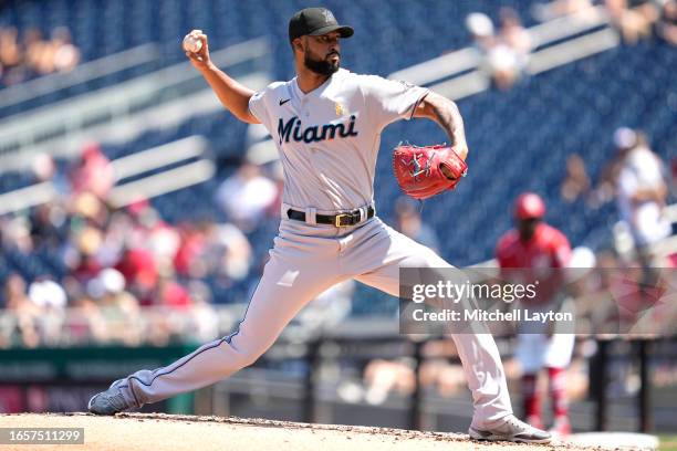 Sandy Alcantara of the Miami Marlins pitches in the first inning during a baseball game against the Washington Nationals at Nationals Park on...