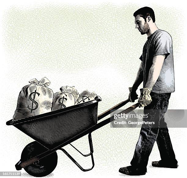 stockillustraties, clipart, cartoons en iconen met man and wheelbarrow filled with money bags - money in wheelbarrow