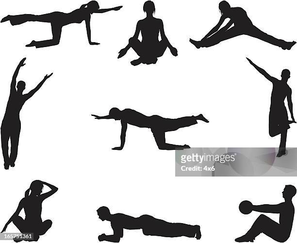 men and women stretching while holding yoga poses - legs apart stock illustrations