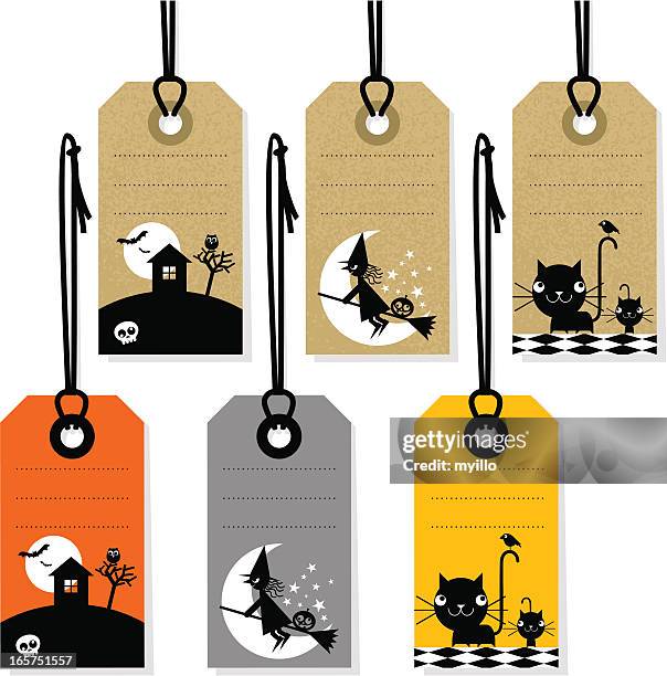 halloween labels tag banner witch cat moon vector illustration - lantern isolated stock illustrations