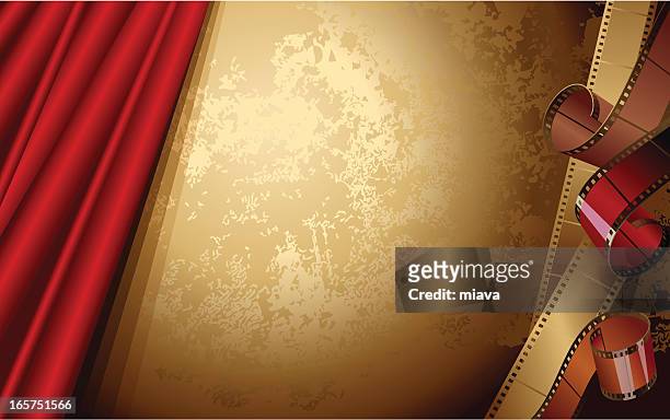 bildbanksillustrationer, clip art samt tecknat material och ikoner med red theater curtain on a bronze background with film strips - premiär