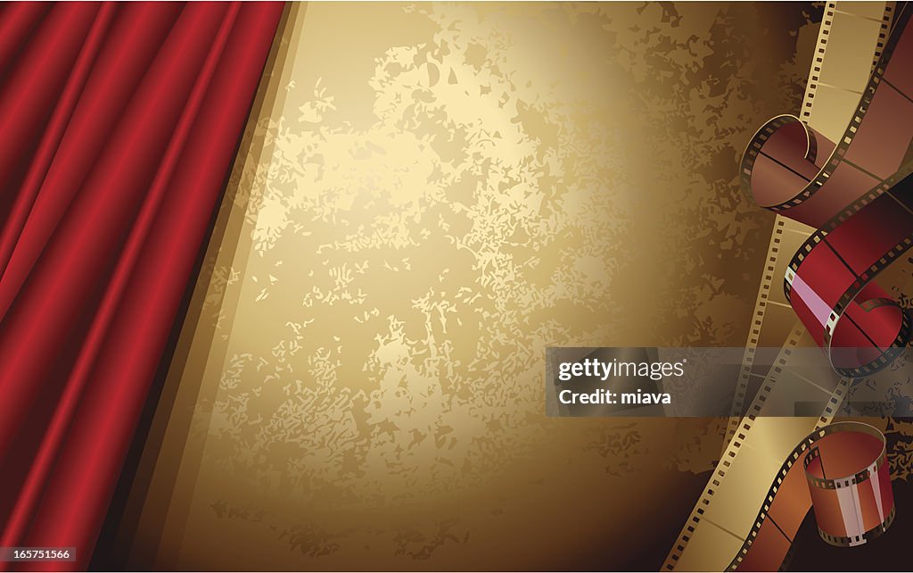 Red theater curtain on a bronze background with film strips