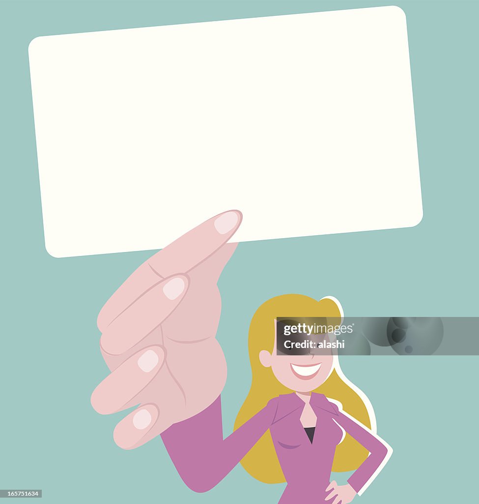 Businesswoman smiling and holding a white card