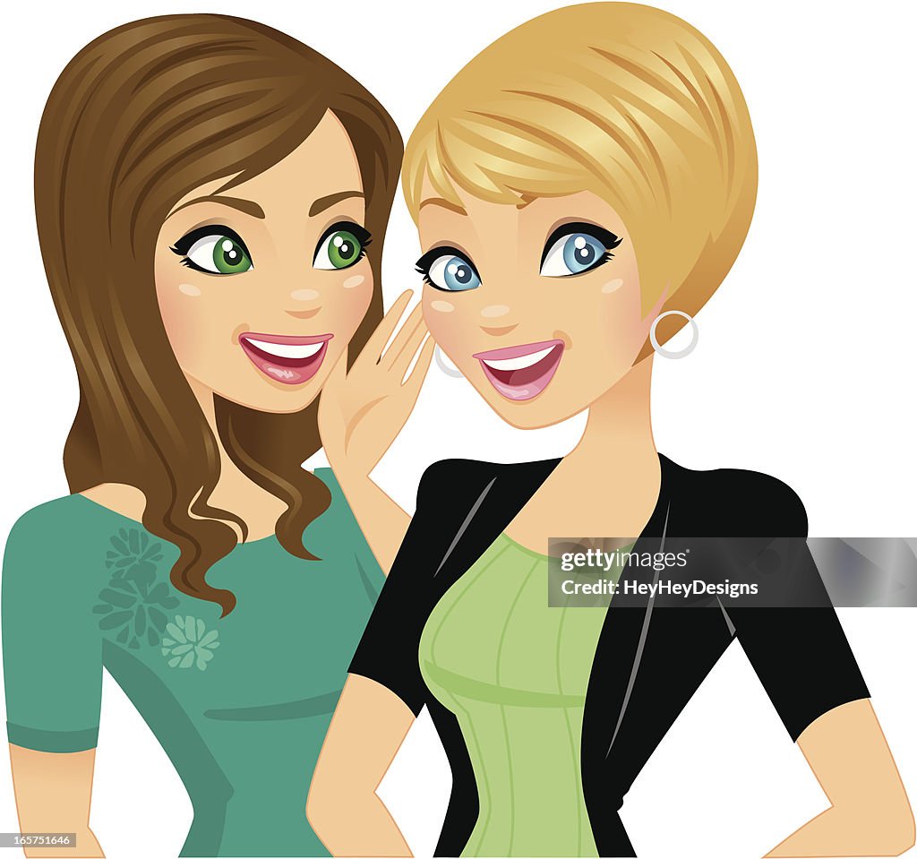 Cartoon of two young women smiling and talking