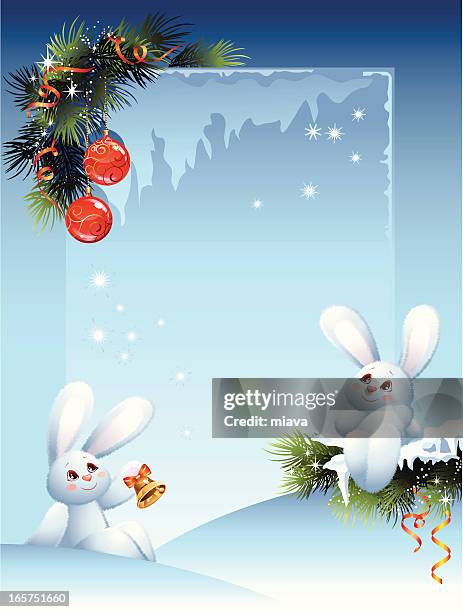 postcard with white rabbits - small conifer stock illustrations