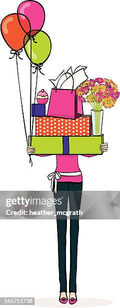 frau mit geschenken - blumenstrauss vase stock-grafiken, -clipart, -cartoons und -symbole