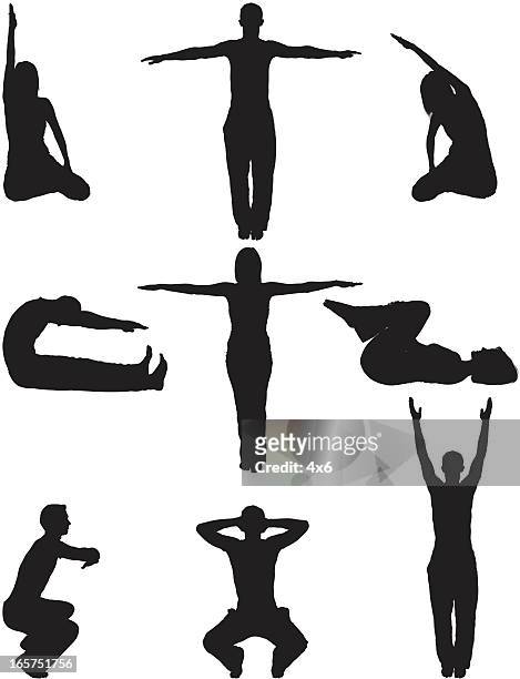 ilustraciones, imágenes clip art, dibujos animados e iconos de stock de relajación de yoga hombres y mujeres - agacharse