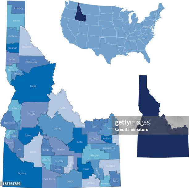 ilustraciones, imágenes clip art, dibujos animados e iconos de stock de mapa de los condados & estado de idaho - idaho