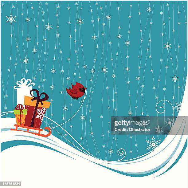 little cardinal mit geschenken auf blaue winter hintergrund - blue cardinal bird stock-grafiken, -clipart, -cartoons und -symbole
