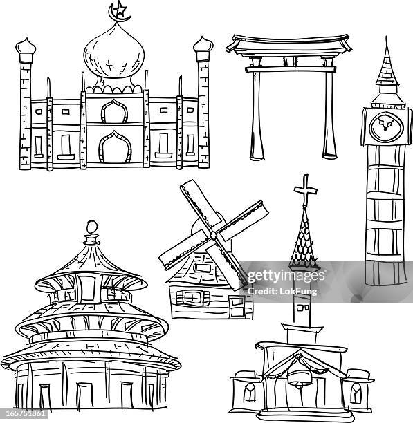 famous scenic spots collection in sketch style - wind mill stock illustrations