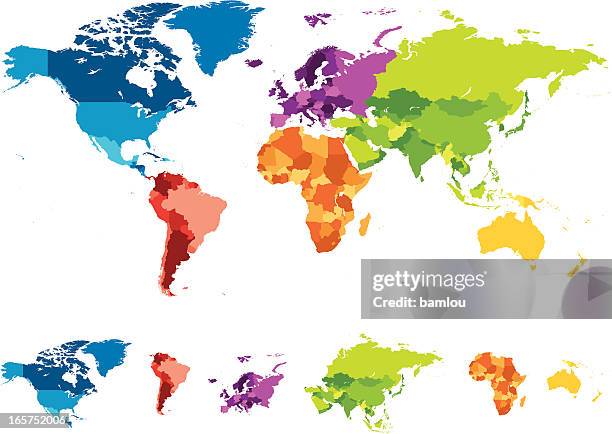 world map with different colored continents - macro orange stock illustrations