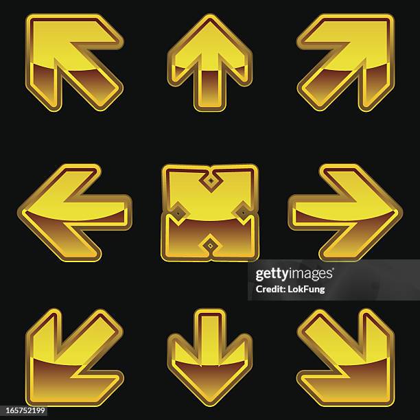 pfeile-symbol sammlung in gold - linkshänder stock-grafiken, -clipart, -cartoons und -symbole