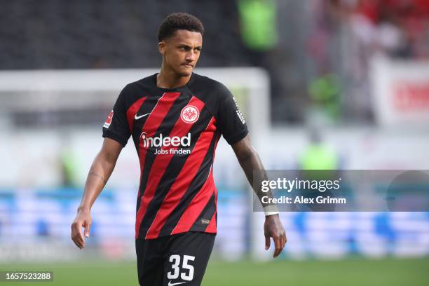 Tuta of Eintracht Frankfurt reacts during the Bundesliga match between Eintracht Frankfurt and 1. FC Köln at Deutsche Bank Park on September 03, 2023...