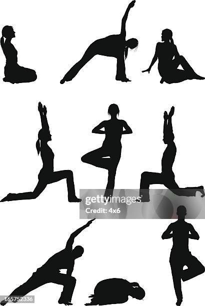 fitness people stretching and doing yoga - spinal twist stock illustrations