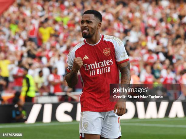 Gabriel Jesus celebrates scoring the 3rd Arsenal goal during the Premier League match between Arsenal FC and Manchester United at Emirates Stadium on...