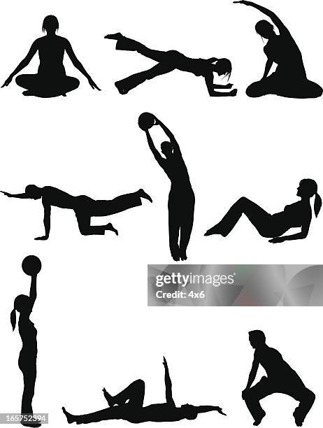 men and women body sculpting doing yoga pilates - lying on back exercise stock illustrations