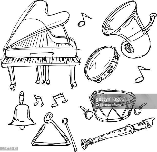 illustrazioni stock, clip art, cartoni animati e icone di tendenza di collezione di strumenti musicali in stile di schizzo - flauto