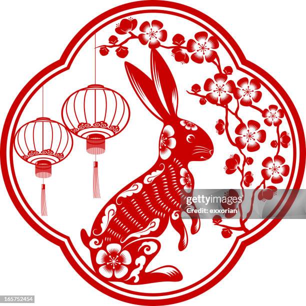 stockillustraties, clipart, cartoons en iconen met year of the rabbit - lantern festival cherry blossom