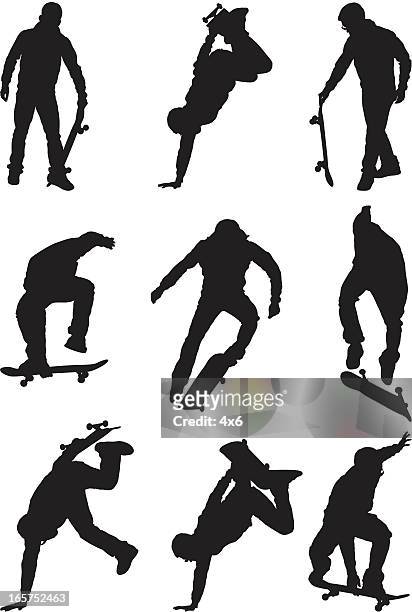 male skateboarders doing stunts - kickflip stock illustrations