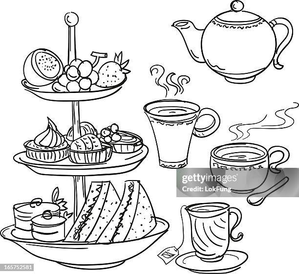 ilustrações de stock, clip art, desenhos animados e ícones de chá da tarde conjunto de esboço de estilo - hora do chá