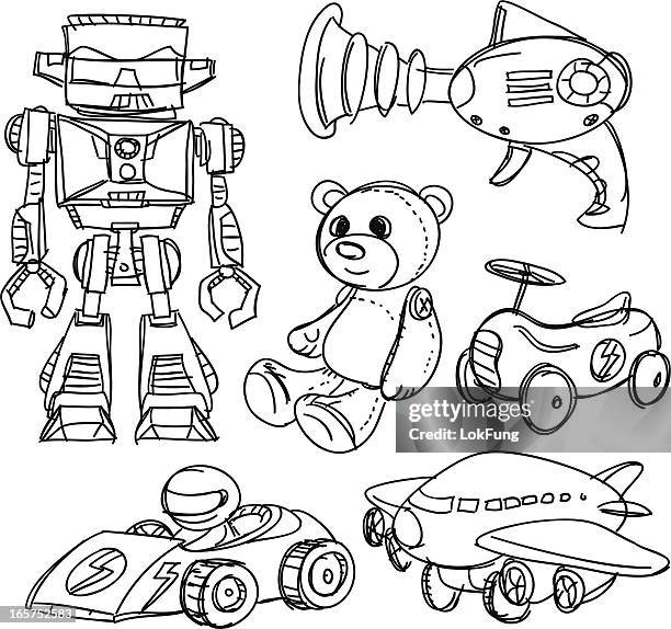 ilustraciones, imágenes clip art, dibujos animados e iconos de stock de toys sketch collection en estilo - mechanical drawing car