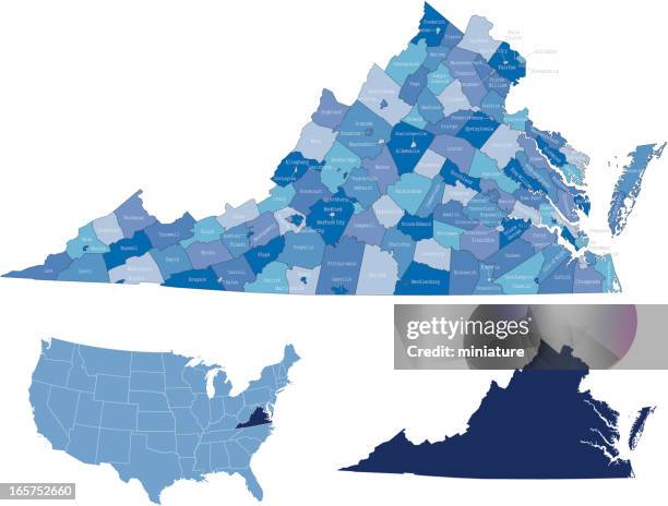 virginia state & counties map - virginia state stock illustrations