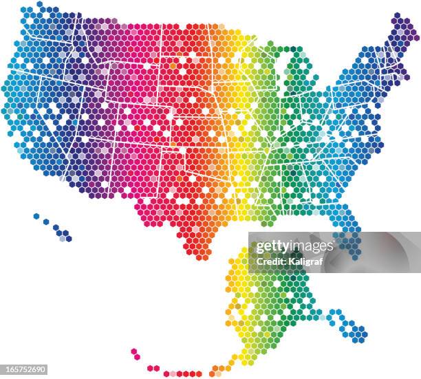ilustraciones, imágenes clip art, dibujos animados e iconos de stock de mapa de estados unidos-rainbow moldura hexagonal - prisma