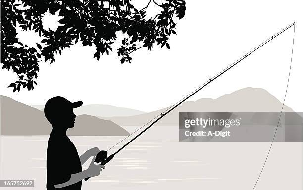 boy fishing vector silhouette - fishing reel stock illustrations