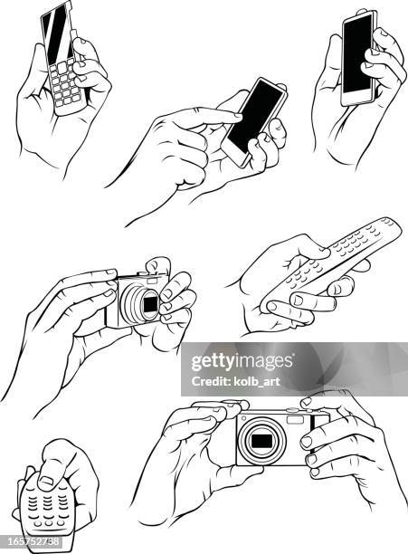 various hands holding electronic objects - little finger stock illustrations