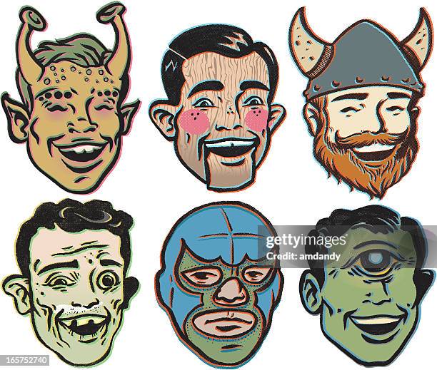 retro-freaks lehnt und circus - funny face mask stock-grafiken, -clipart, -cartoons und -symbole