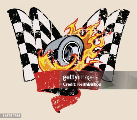 Car Race Graphic with Flaming Tire & Checkered Flag Car Race Graphic with Flaming Tire & Checkered Flag