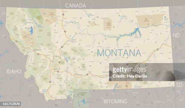 stockillustraties, clipart, cartoons en iconen met a flat montana state map and surroundings - kalispell montana