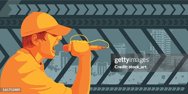 bildbanksillustrationer, clip art samt tecknat material och ikoner med screaming man with microphone against urban scene - entertainment building