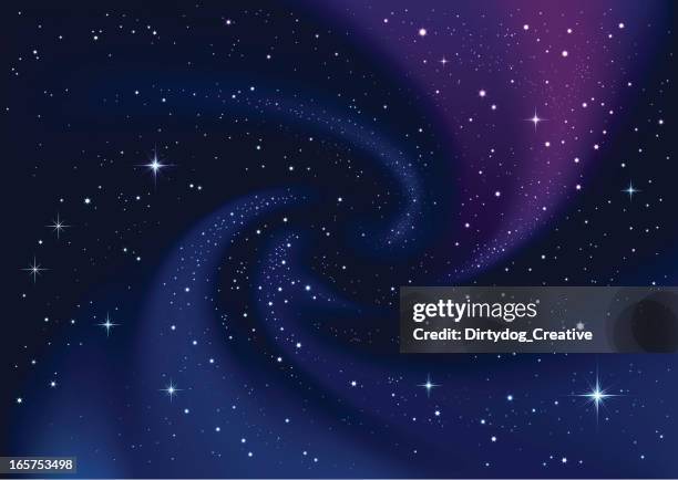 stockillustraties, clipart, cartoons en iconen met swirling galaxy and stars in dark blue sky - sterrenveld