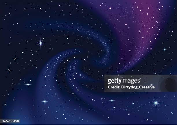 swirling galaxy and stars in dark blue sky - swirl pattern stock illustrations