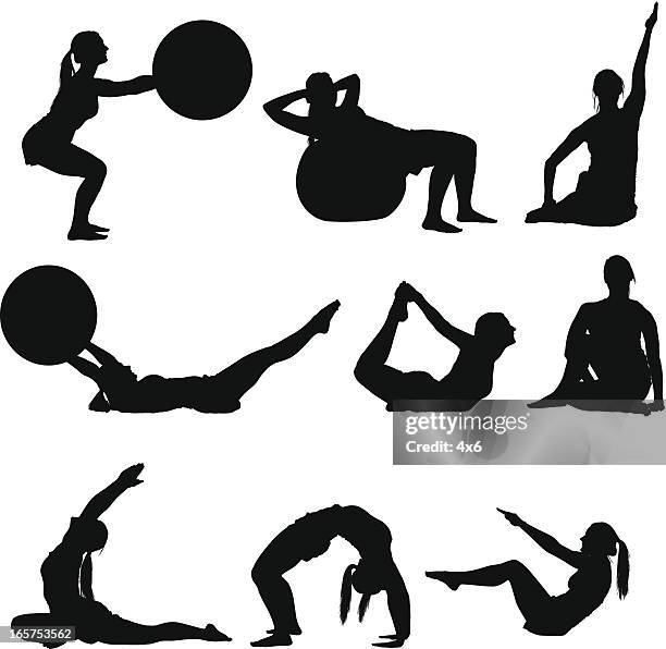 very flexible woman working out - lying on back exercise stock illustrations