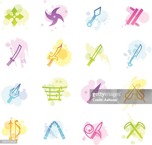 stains icons - japanese ninja weapons - nunchucks stock illustrations