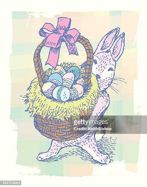 easter bunny with basket and eggs - jackrabbit stock illustrations