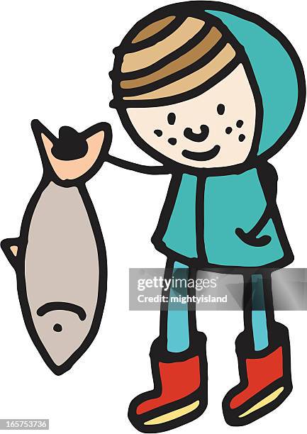 sketchy doodle of girl holding a fish - salmon white background stock illustrations